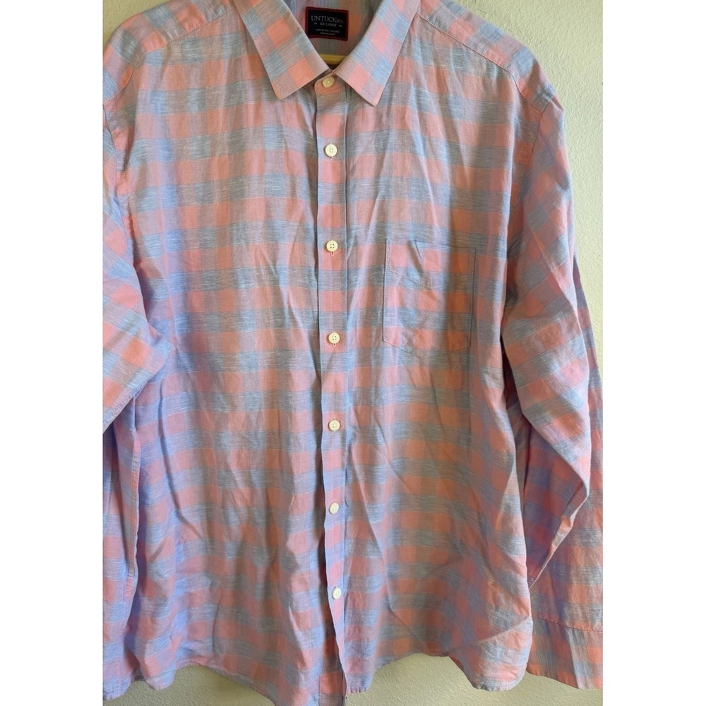 UNTUCKit Anderson Mens Small Pink Blue Plaid Long Sleeve Cotton Linen Button Up